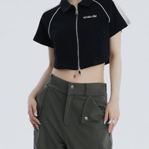 Concert Outfit Lapel Zipper Colorblock Tee