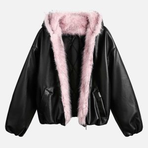 Concert Outfit Leather Pink Fur Hooded Quilted Jacket