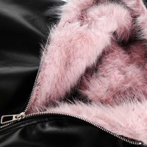 Concert Outfit Leather Pink Fur Hooded Quilted Jacket