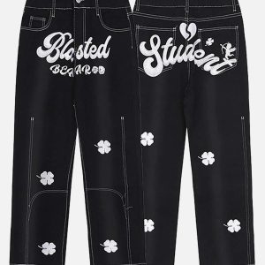 Concert Outfit Letter Lucky Clover Embroidered Baggy Jeans