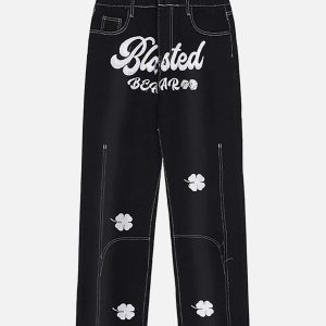 Concert Outfit Letter Lucky Clover Embroidered Baggy Jeans