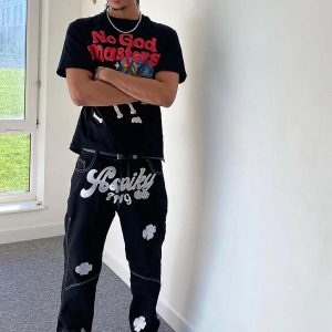 Concert Outfit Letter Lucky Clover Embroidered Baggy Jeans