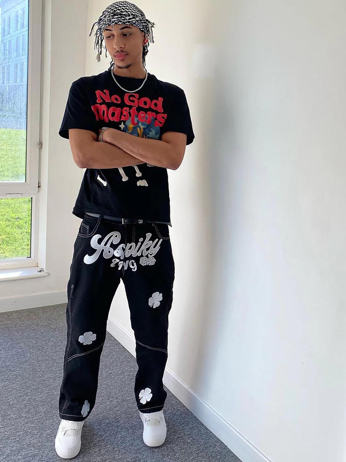 Concert Outfit Letter Lucky Clover Embroidered Baggy Jeans Concert Outfit Letter Lucky Clover Embroidered Baggy Jeans