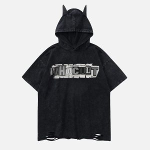 Concert Outfit Letter Print Ripped Hooded Tee