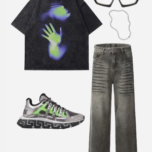 Concert Outfit Line Print Washed Loose Jeans