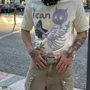 Concert Outfit Made Retro Skull Letter Foam T-Shirt