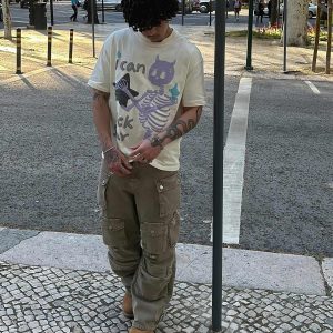 Concert Outfit Made Retro Skull Letter Foam T-Shirt