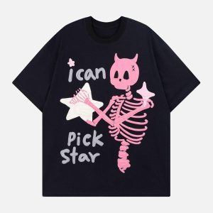 Concert Outfit Made Retro Skull Letter Foam T-Shirt