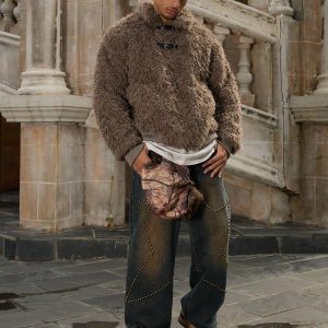 Concert Outfit Metal leather button Faux Fur Jacket