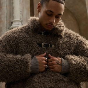 Concert Outfit Metal leather button Faux Fur Jacket