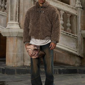 Concert Outfit Metal leather button Faux Fur Jacket