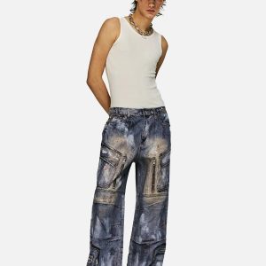 Concert Outfit Multi-Pocket Dirty Overalls Jeans