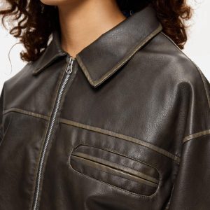 Concert Outfit Multi Pocket Faux Leather Cropped Jacket