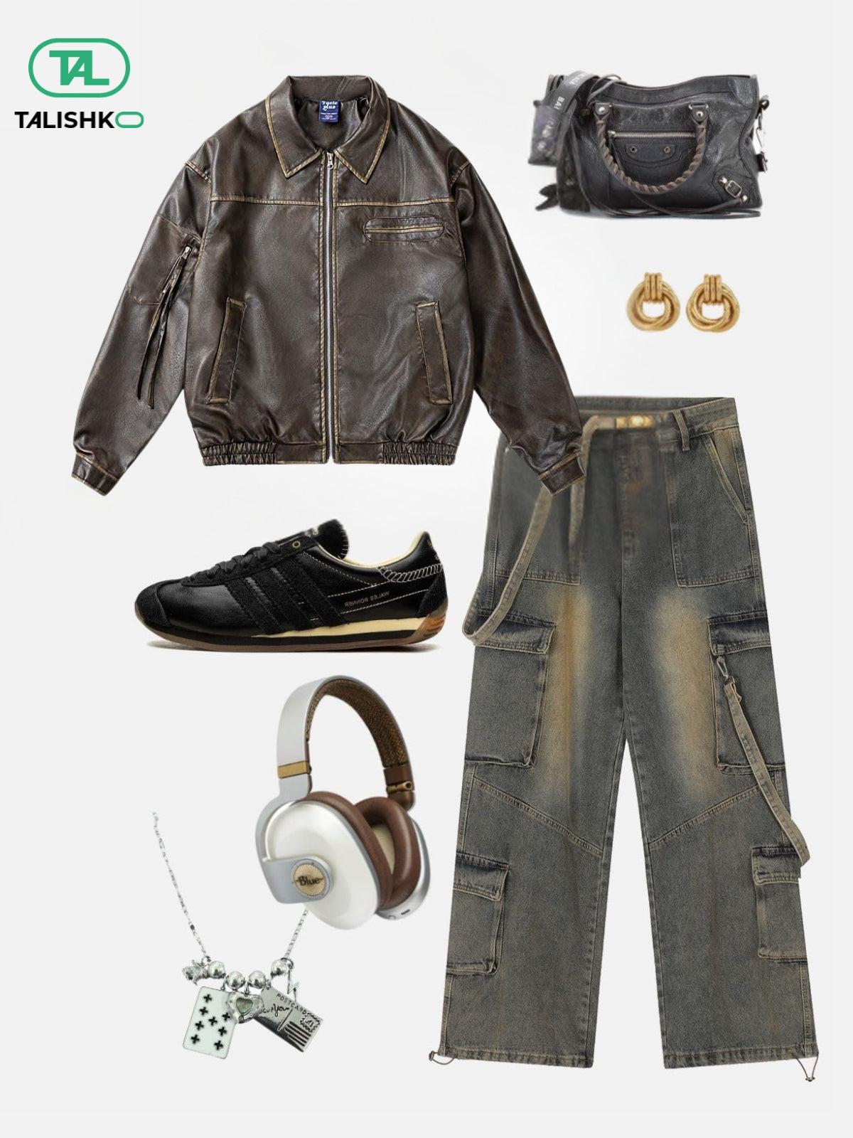 Concert Outfit Multi Pocket Faux Leather Cropped Jacket Concert Outfit Multi Pocket Faux Leather Cropped Jacket