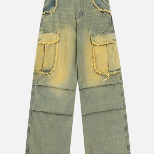Concert Outfit Multi Pocket Fringe Washed Jeans