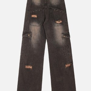 Concert Outfit Multi-Pocket Ribbon Raw Edge Jeans