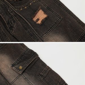 Concert Outfit Multi-Pocket Ribbon Raw Edge Jeans