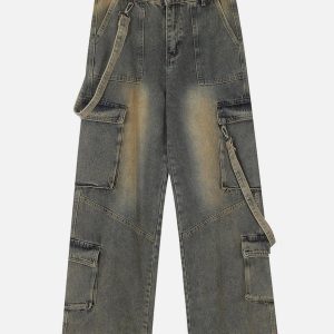 Concert Outfit Multi Pocket Washed Loose Jeans