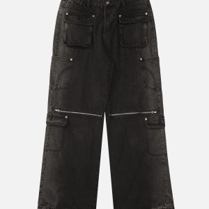 Concert Outfit Multi-Pocket Zipper Design Washed Hip-Hop Jeans