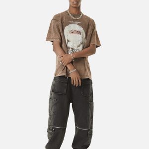 Concert Outfit Multi-Pocket Zipper Design Washed Hip-Hop Jeans