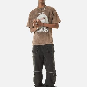 Concert Outfit Multi-Pocket Zipper Design Washed Hip-Hop Jeans