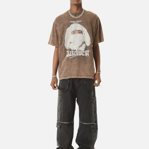 Concert Outfit Multi-Pocket Zipper Design Washed Hip-Hop Jeans