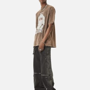 Concert Outfit Multi-Pocket Zipper Design Washed Hip-Hop Jeans