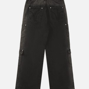 Concert Outfit Multi-Pocket Zipper Design Washed Hip-Hop Jeans