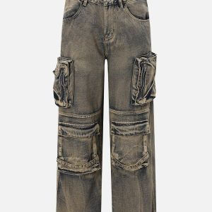 Concert Outfit Multiple Pockets Washed Jeans