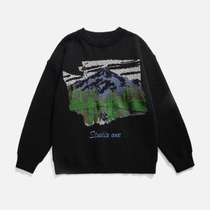 Concert Outfit Oil Painting Mountain Sweater