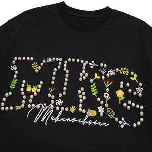 Concert Outfit Oversized Embroidered Floral Letter T-Shirt