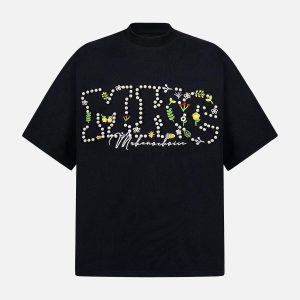 Concert Outfit Oversized Embroidered Floral Letter T-Shirt