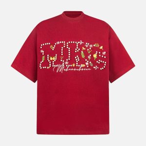 Concert Outfit Oversized Embroidered Floral Letter T-Shirt