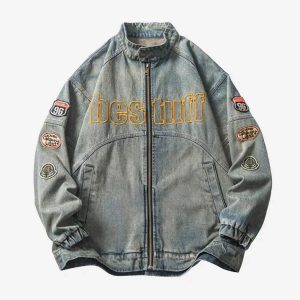 Concert Outfit Oversized Hip-Hop Embroidered Patch Denim Jacket