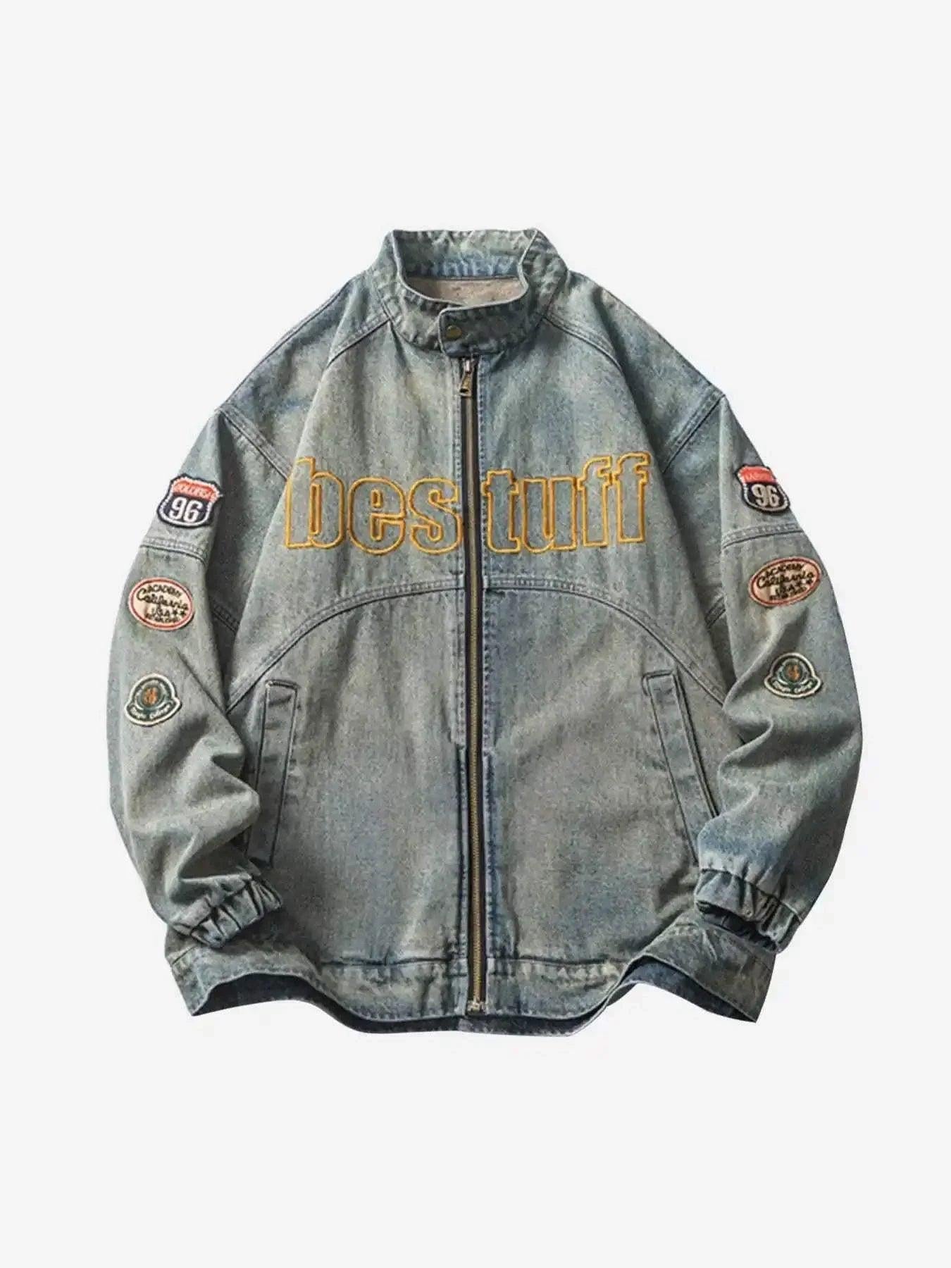 Concert Outfit Oversized Hip-Hop Embroidered Patch Denim Jacket Concert Outfit Oversized Hip-Hop Embroidered Patch Denim Jacket
