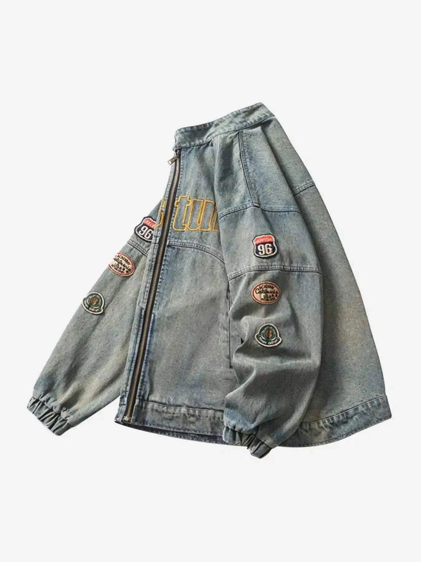 Concert Outfit Oversized Hip-Hop Embroidered Patch Denim Jacket Concert Outfit Oversized Hip-Hop Embroidered Patch Denim Jacket