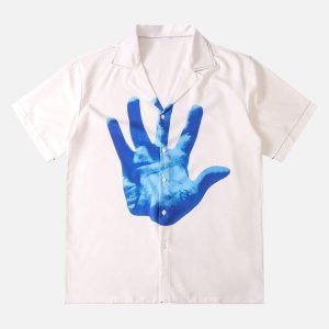 Concert Outfit Palm Digital Print Loose Lapel Short Sleeve Shirt