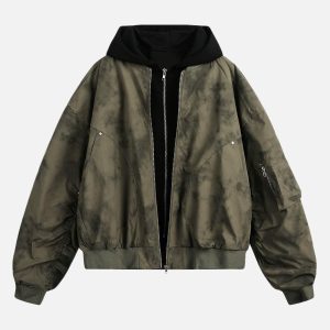 Concert Outfit Patchwork Faux Two-Piece Gradient Hooded Bomber Jacket
