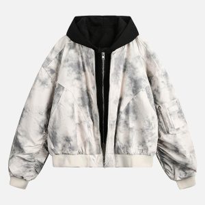 Concert Outfit Patchwork Faux Two-Piece Gradient Hooded Bomber Jacket