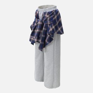 Concert Outfit Patchwork Plaid Fake Two-Piece Sweatpants
