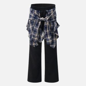 Concert Outfit Patchwork Plaid Fake Two-Piece Sweatpants