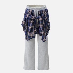 Concert Outfit Patchwork Plaid Fake Two-Piece Sweatpants