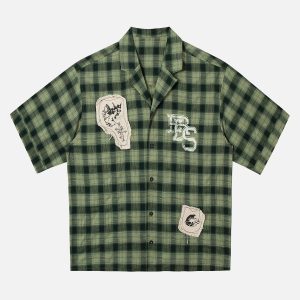Concert Outfit Plaid Applique Printed Short Sleeve Shirt