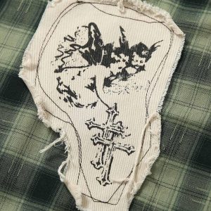 Concert Outfit Plaid Applique Printed Short Sleeve Shirt