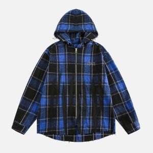Concert Outfit Plaid Brushed Cardigan Hooded Shirt