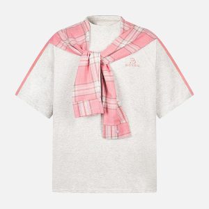 Concert Outfit Plaid Patch Knotted Scarf T-Shirt