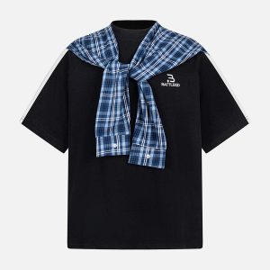 Concert Outfit Plaid Patch Knotted Scarf T-Shirt