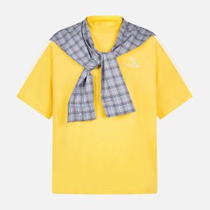 Concert Outfit Plaid Patch Knotted Scarf T-Shirt