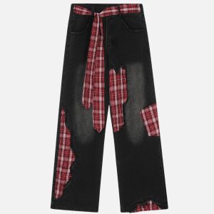 Concert Outfit Plaid Patchwork Jeans