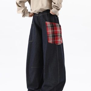 Concert Outfit Plaid Pocket Barrel Loose Jeans